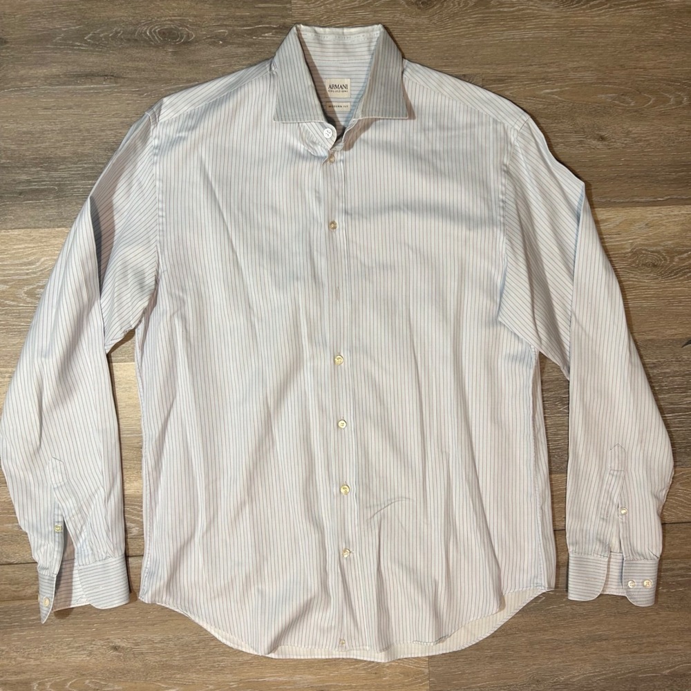 Armani Collezioni Mens‎ Modern Fit Light Blue Stripe Dress Shirt 41 16 L